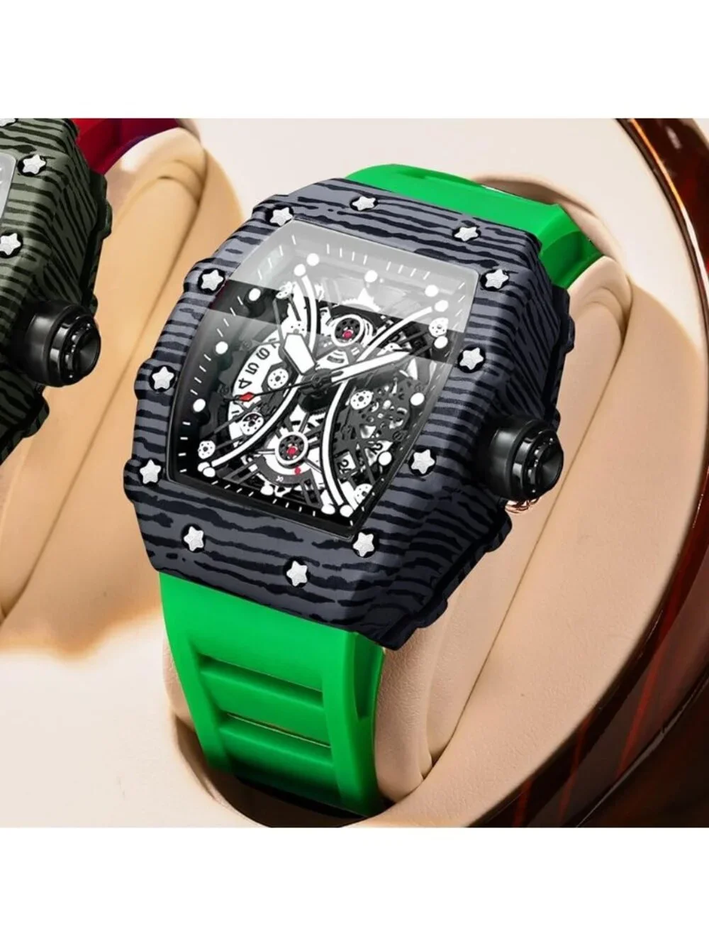 Men's Green And Black Analog Silicone Strap Barrel-Shaped Skeleton Luxury Watch